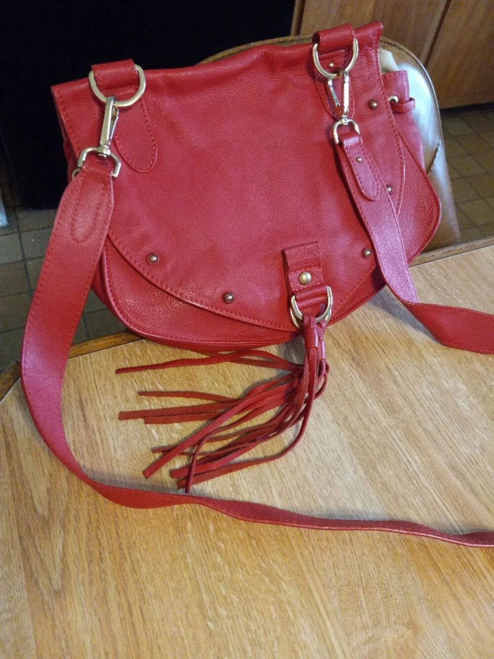 See By Chloé Red Leather Crossbody Saddle Bag with Fringe